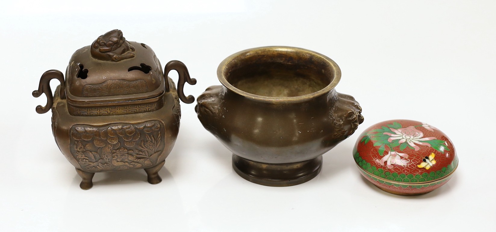 A Chinese bronze gui censer, a Japanese bronze censer and a cloisonne enamel box and cover, censer and cover 13cms high